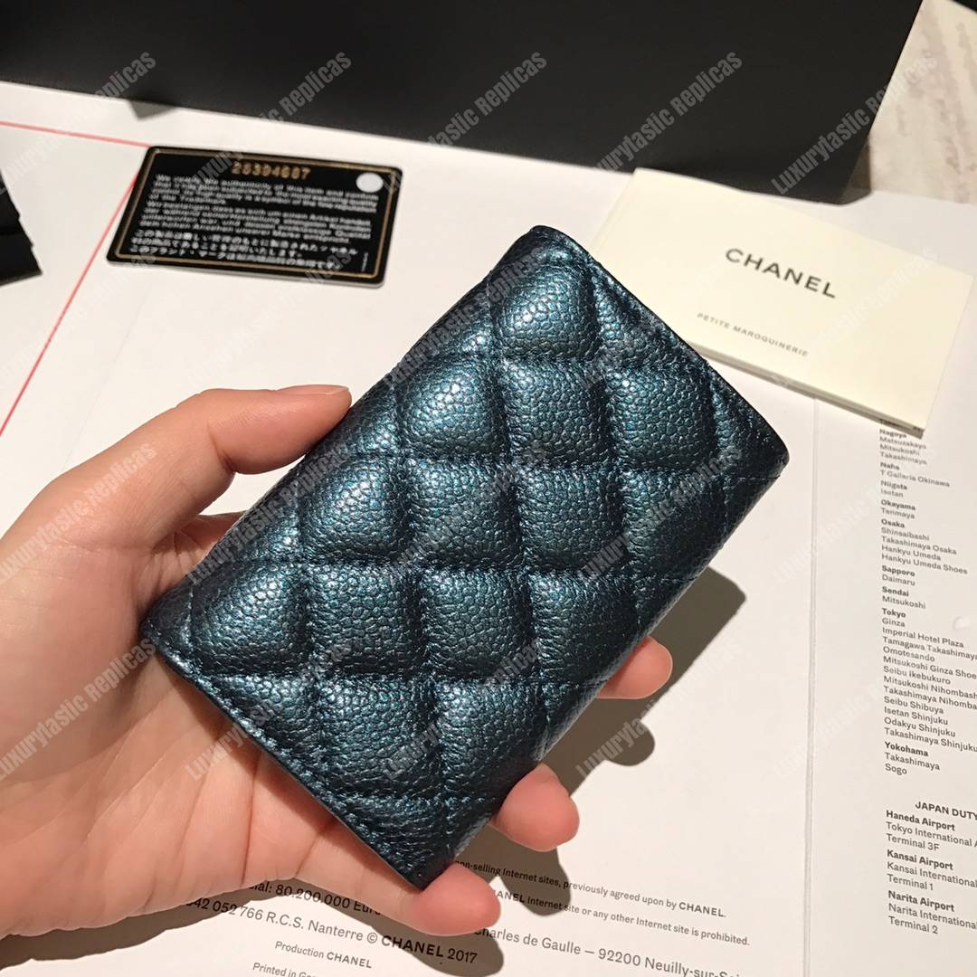 Ch*el classic card holder grained calfskin iridescent turquoise