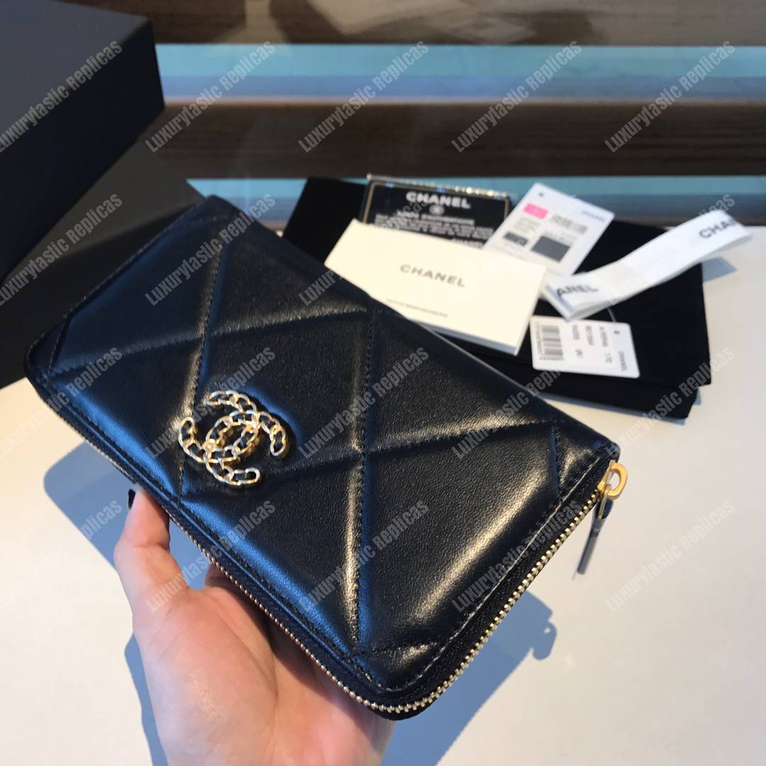 Ch*el 19 long zipped wallet sky black
