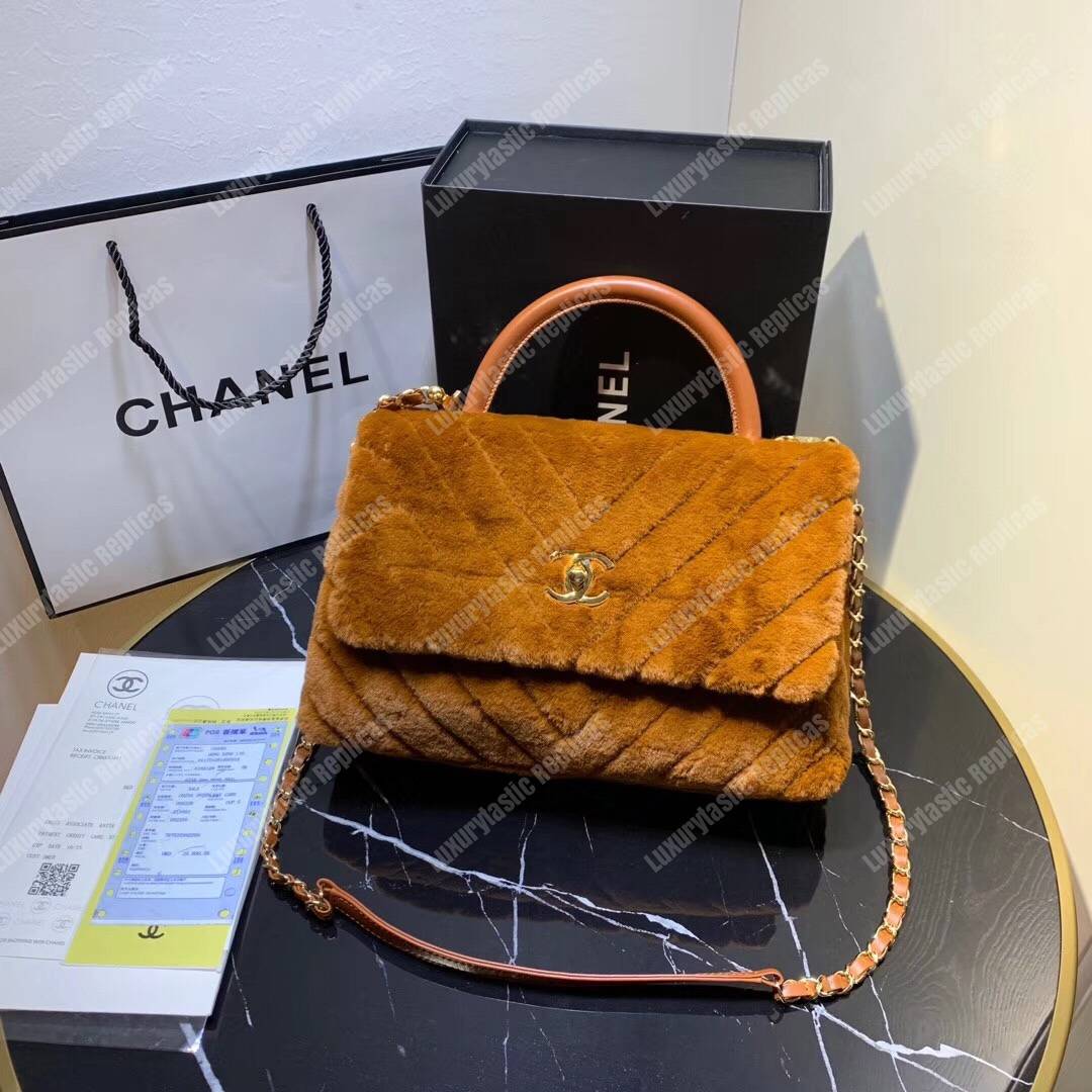 Ch*el flap bag with top handle beige