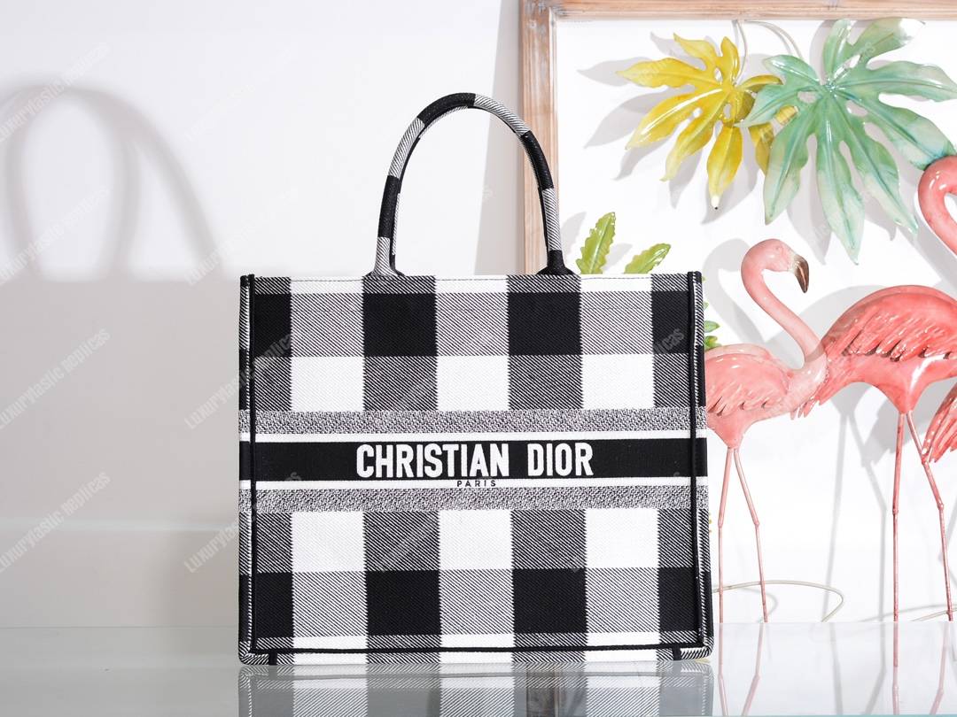D*or book tote in off-white & black embroidered canvas