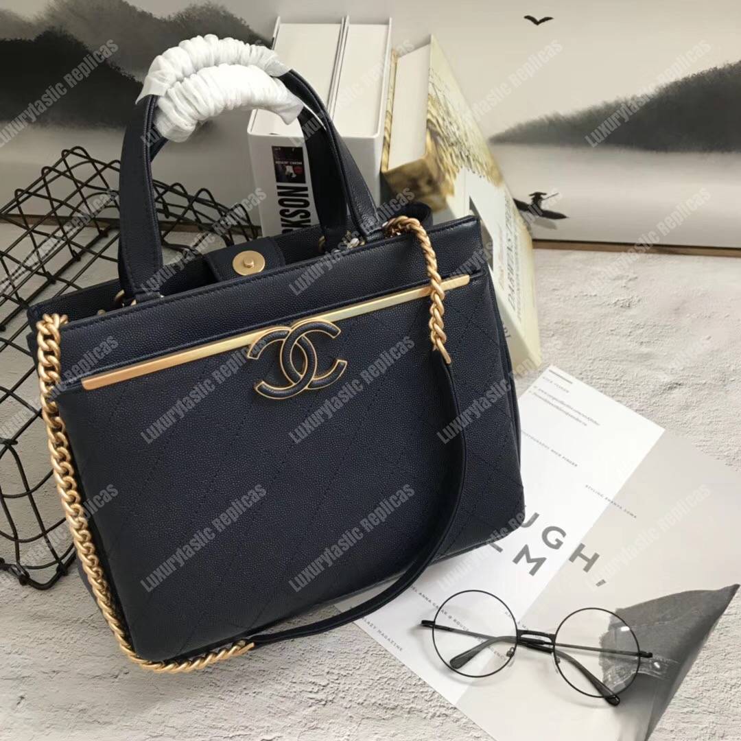 Ch*el large shopping bag navy blue