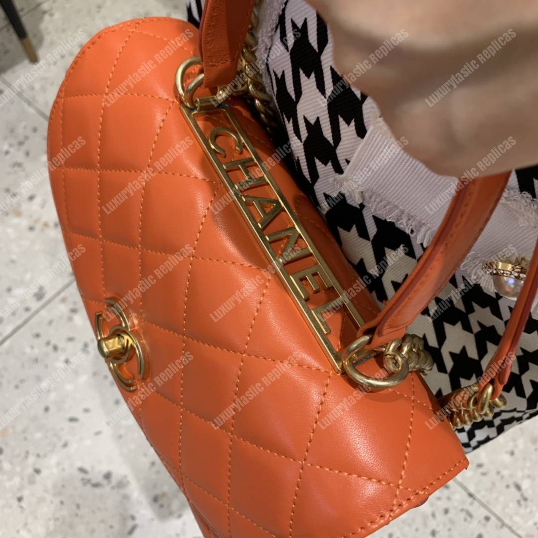 Ch*el flap bag with top handle lambskin orange