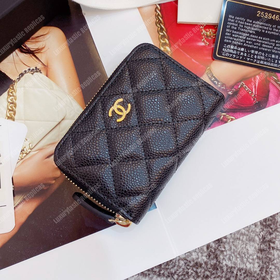 Ch*el classic zipper coin purse gold tone black