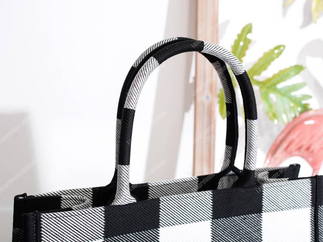 mini D*or book tote in off-white & black embroidered canvas