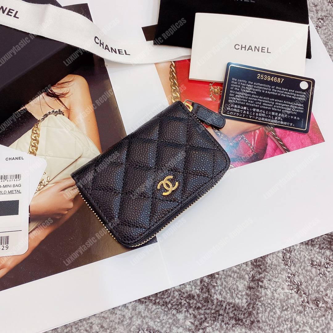 Ch*el classic zipper coin purse gold tone black