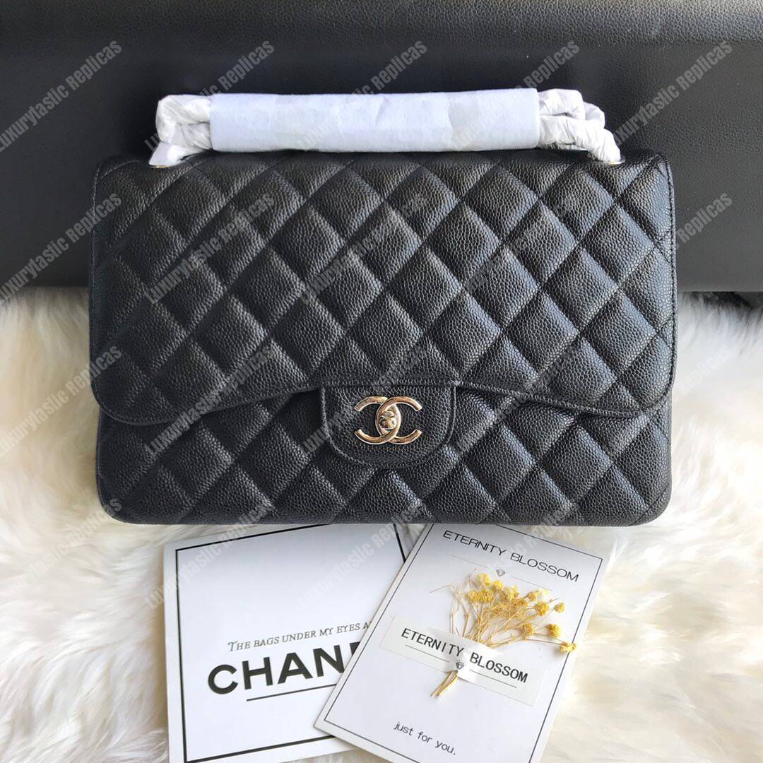 Ch*el classic maxi handbag black grained calfskin silver-toned