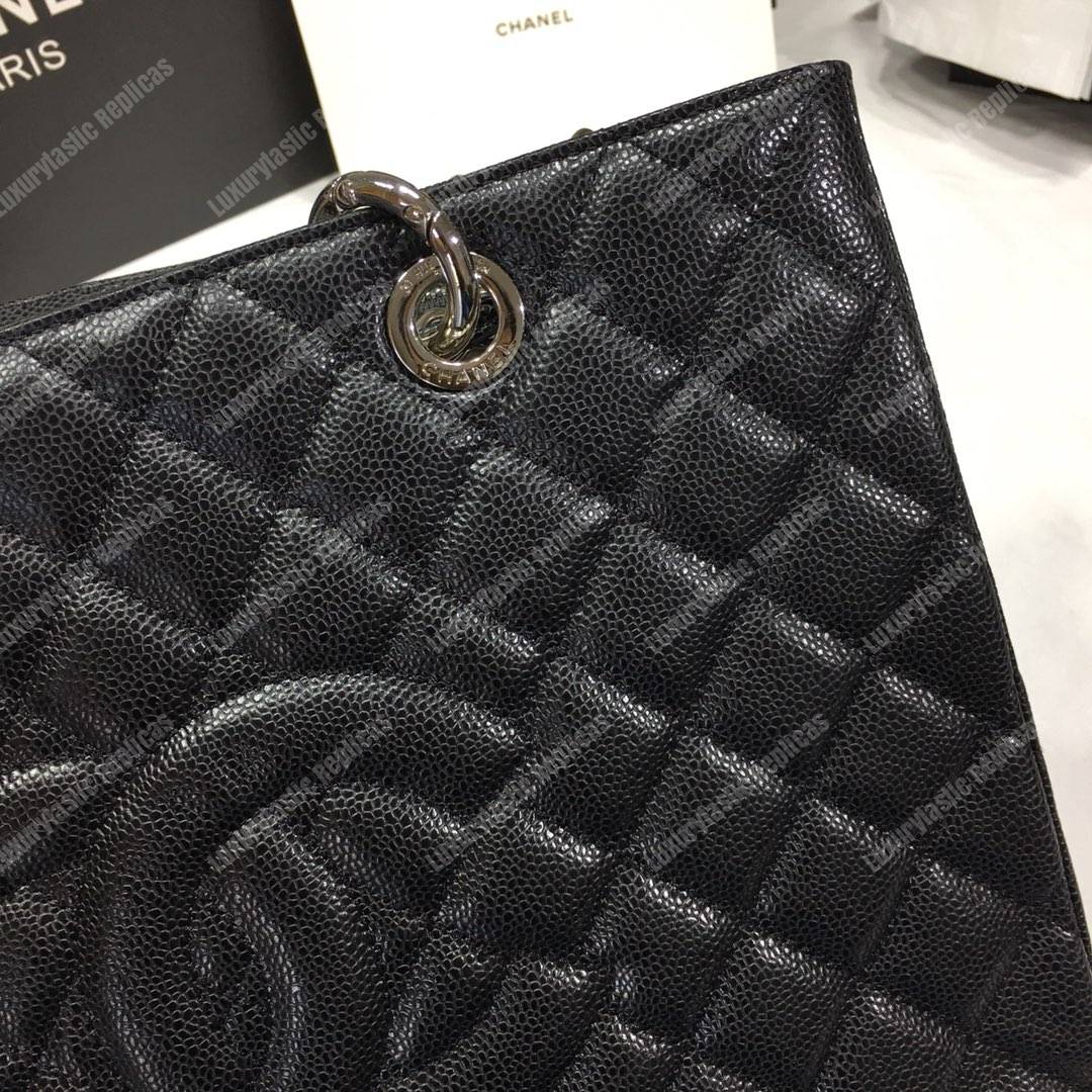 Ch*el large shopping tote silver tone black