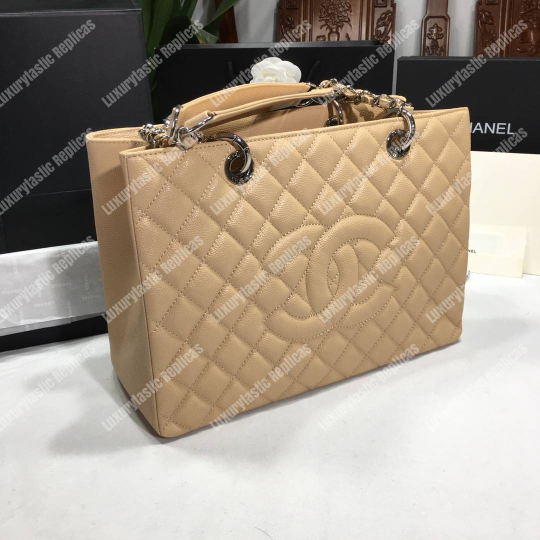 Ch*el large shopping tote beige silver hardware