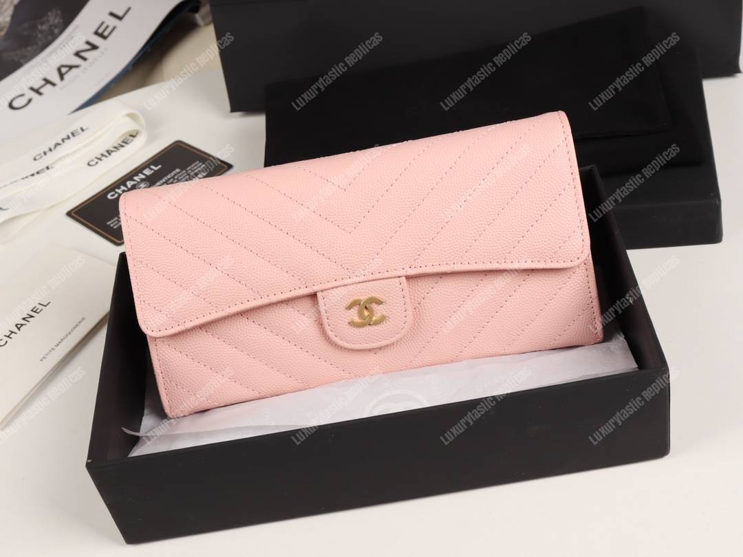 Ch*el classic long flap wallet gold tone pink