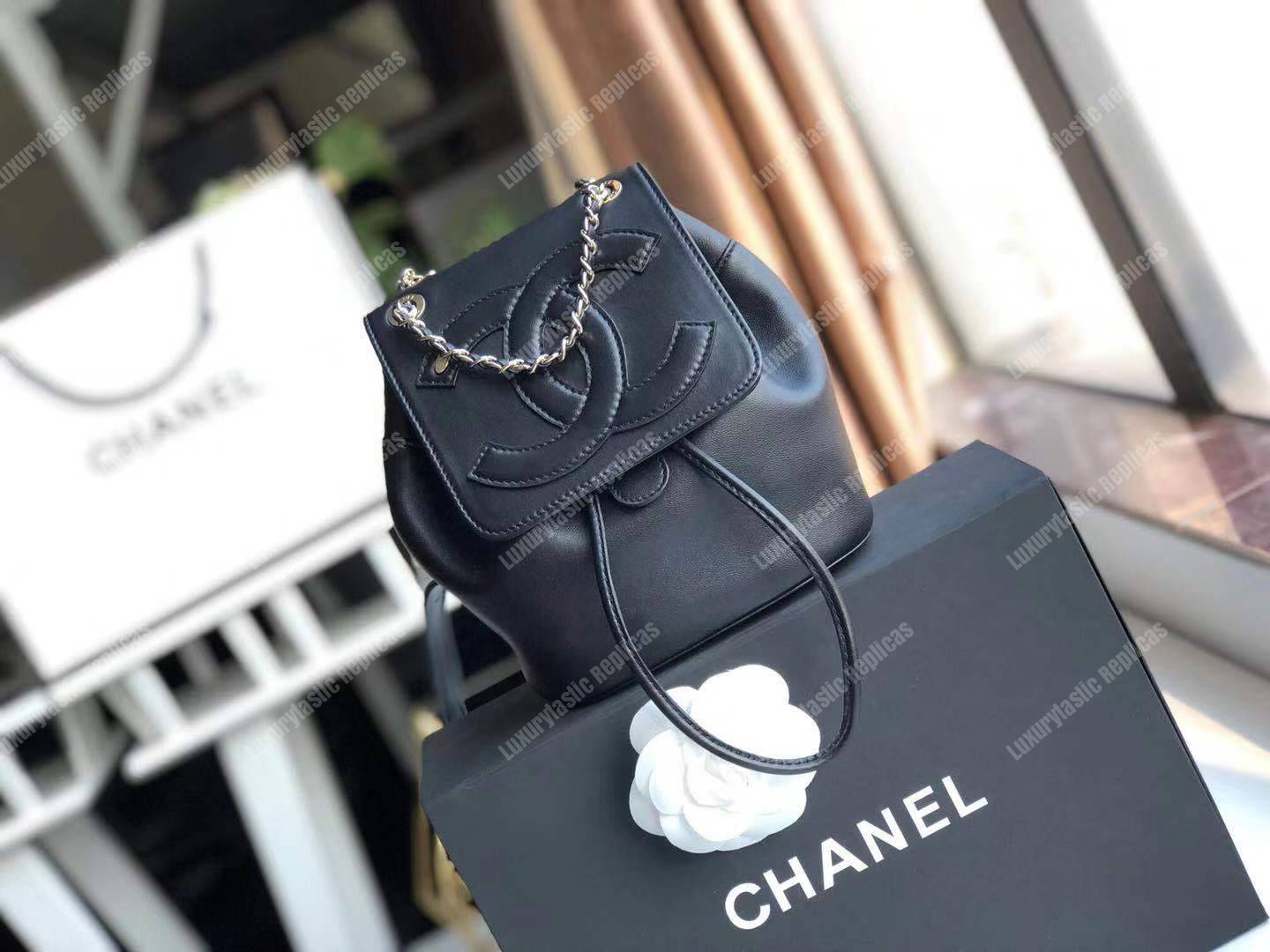 Ch*el lambskin gold-tone metal backpack black