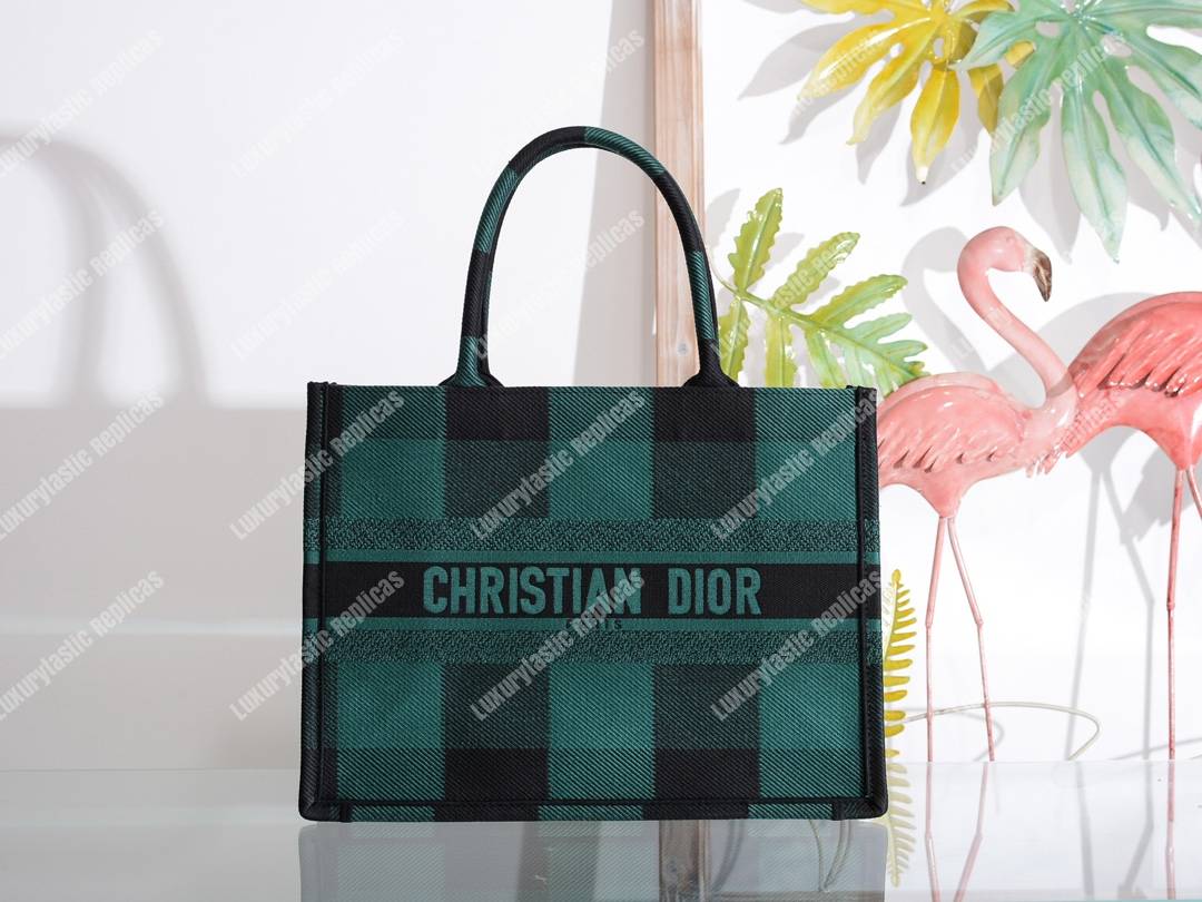 mini D*or book tote in green & black embroidered canvas