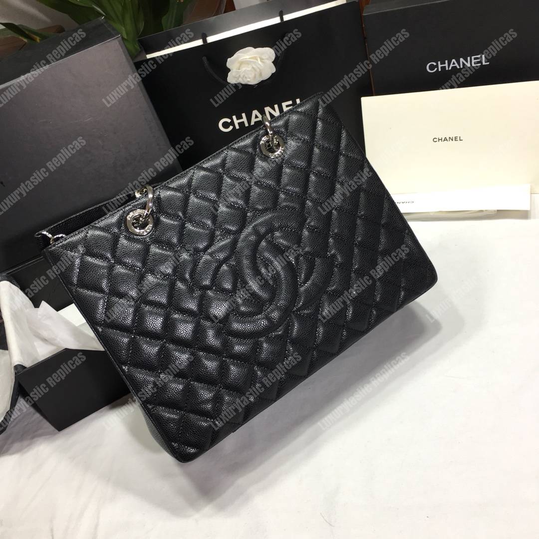 Ch*el large shopping tote silver tone black