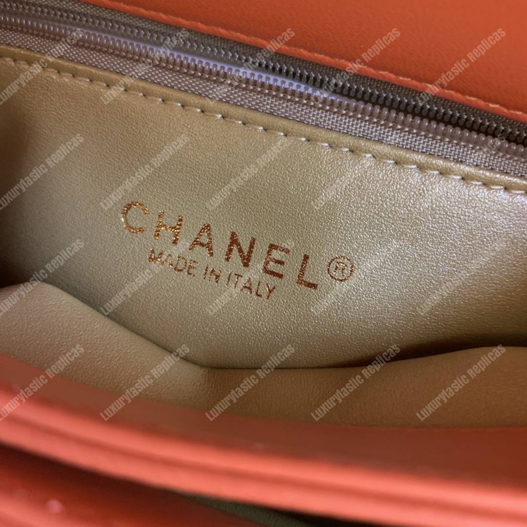 Ch*el flap bag with top handle lambskin orange