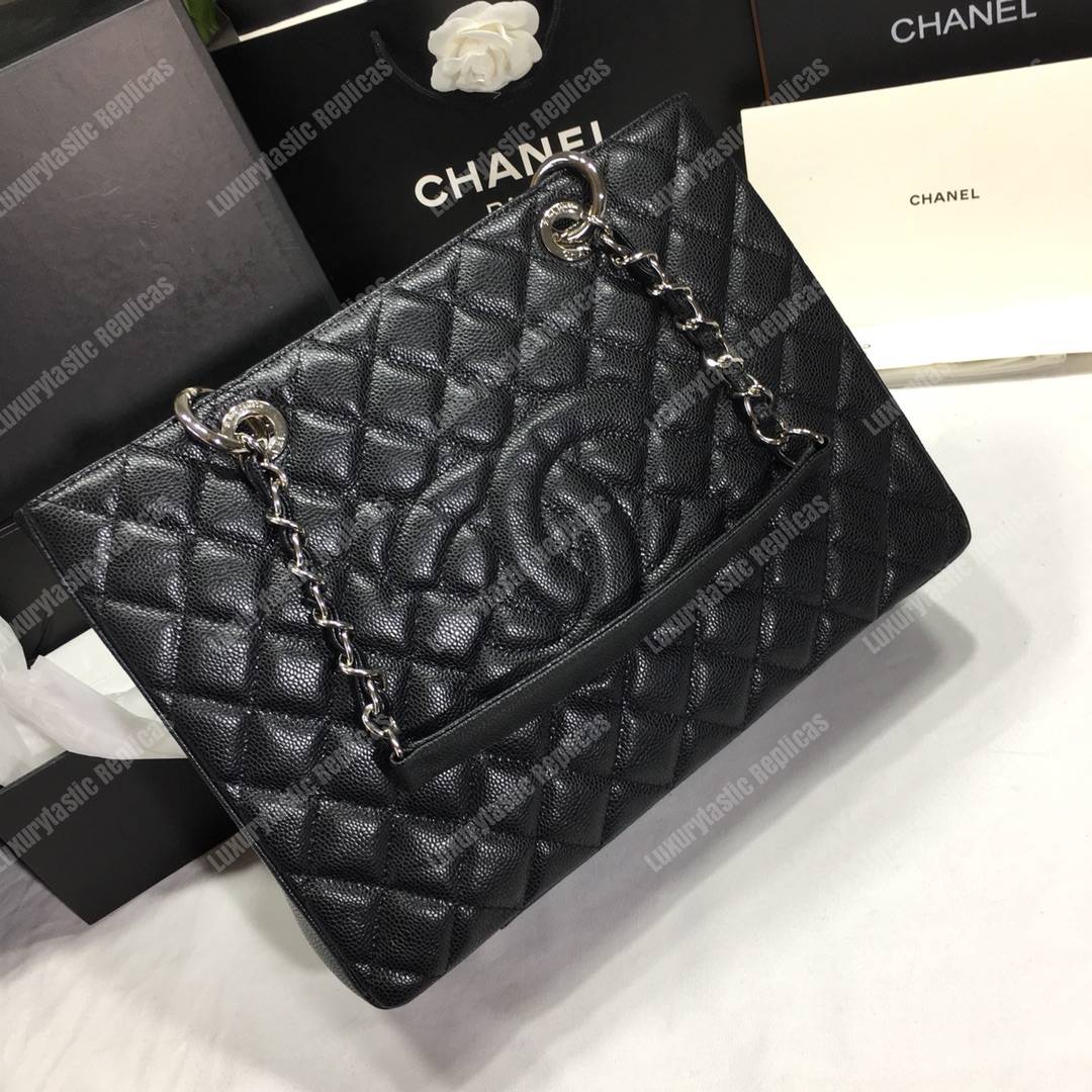 Ch*el large shopping tote silver tone black