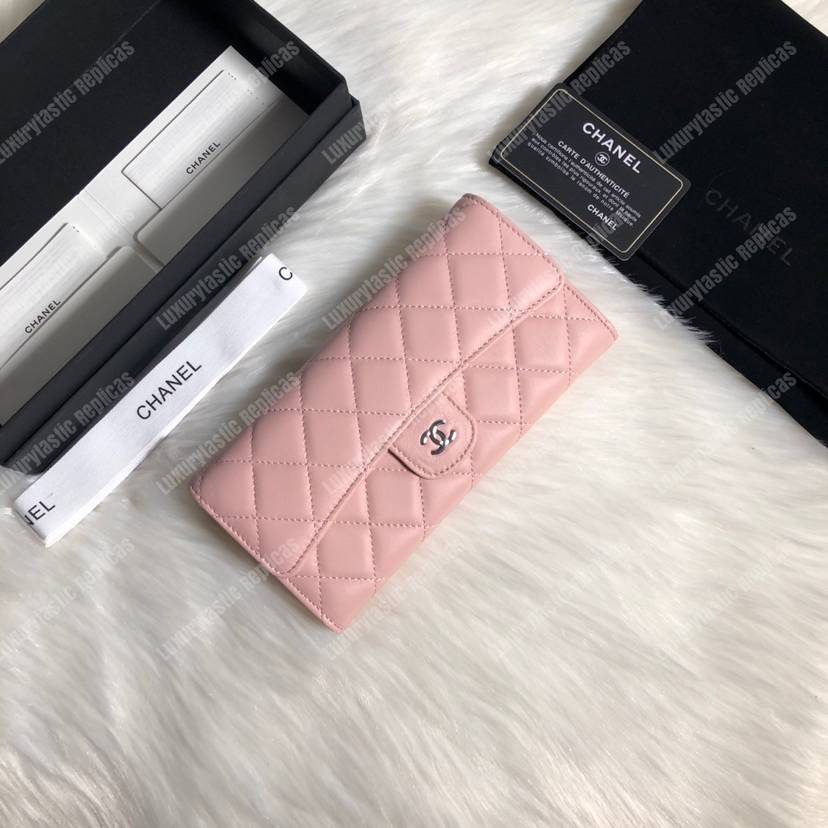 Ch*el classic long flap wallet silver tone pink