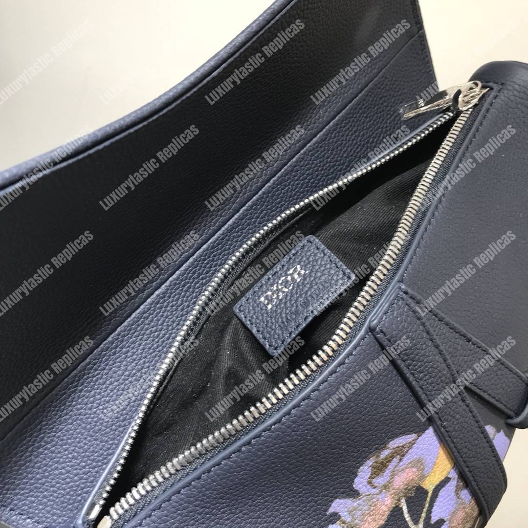 D*or saddle bag navy blue grained calfskin and alex foxton floral