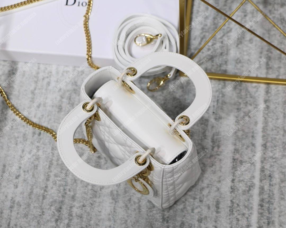 mini lady D*or lambskin bag storm white gold-tone metal
