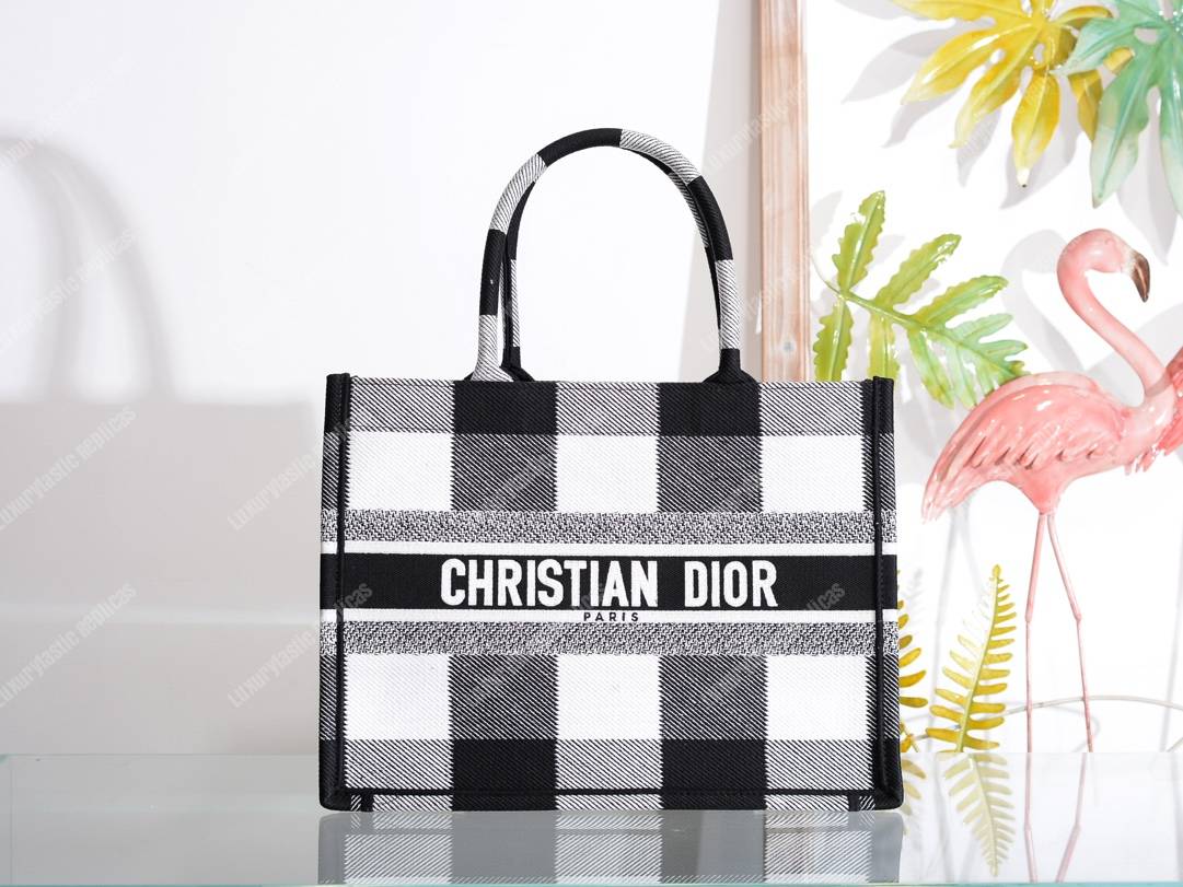 mini D*or book tote in off-white & black embroidered canvas