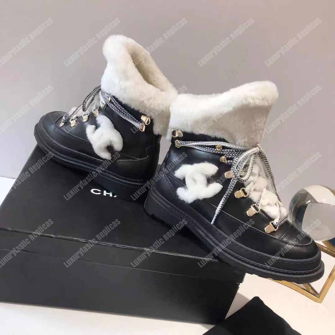 Ch*el round toe lace-up leather boots black / white