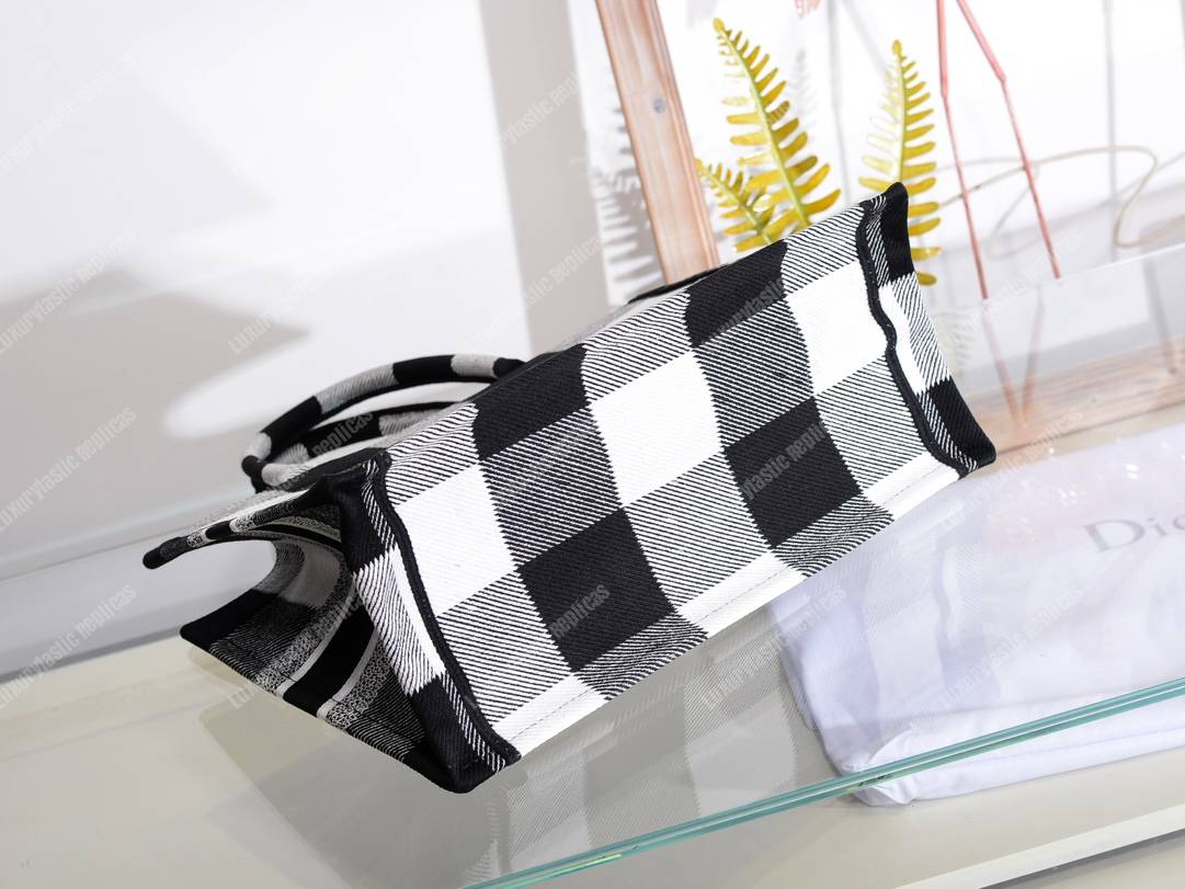 mini D*or book tote in off-white & black embroidered canvas