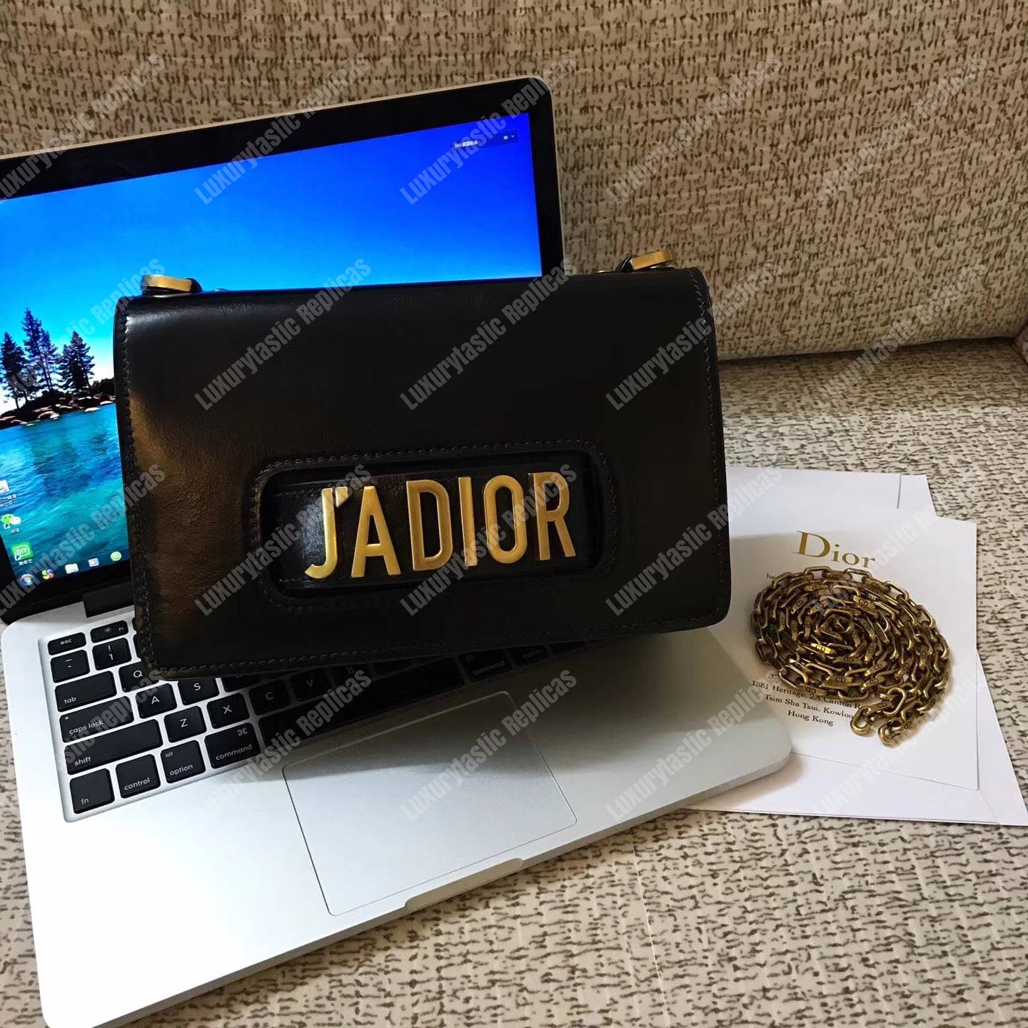 j’aD*or flap bag gold chain – black calfskin