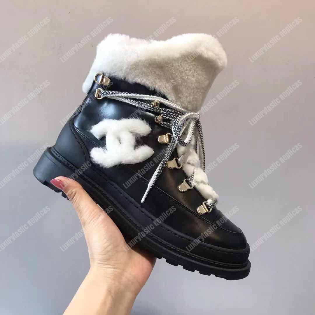 Ch*el round toe lace-up leather boots black / white