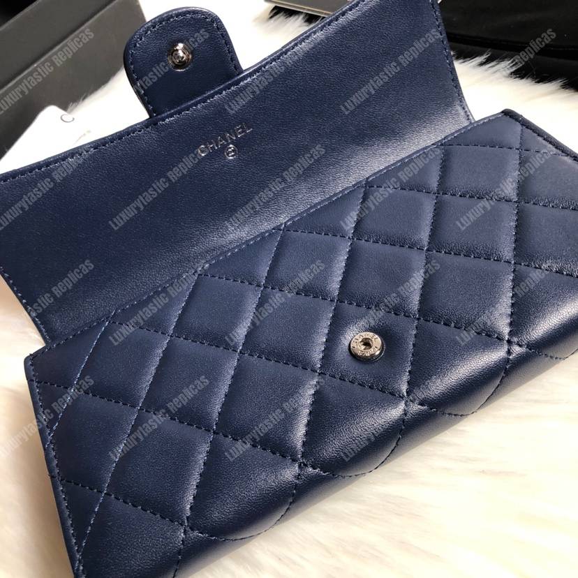 Ch*el classic long flap wallet silver tone navy blue
