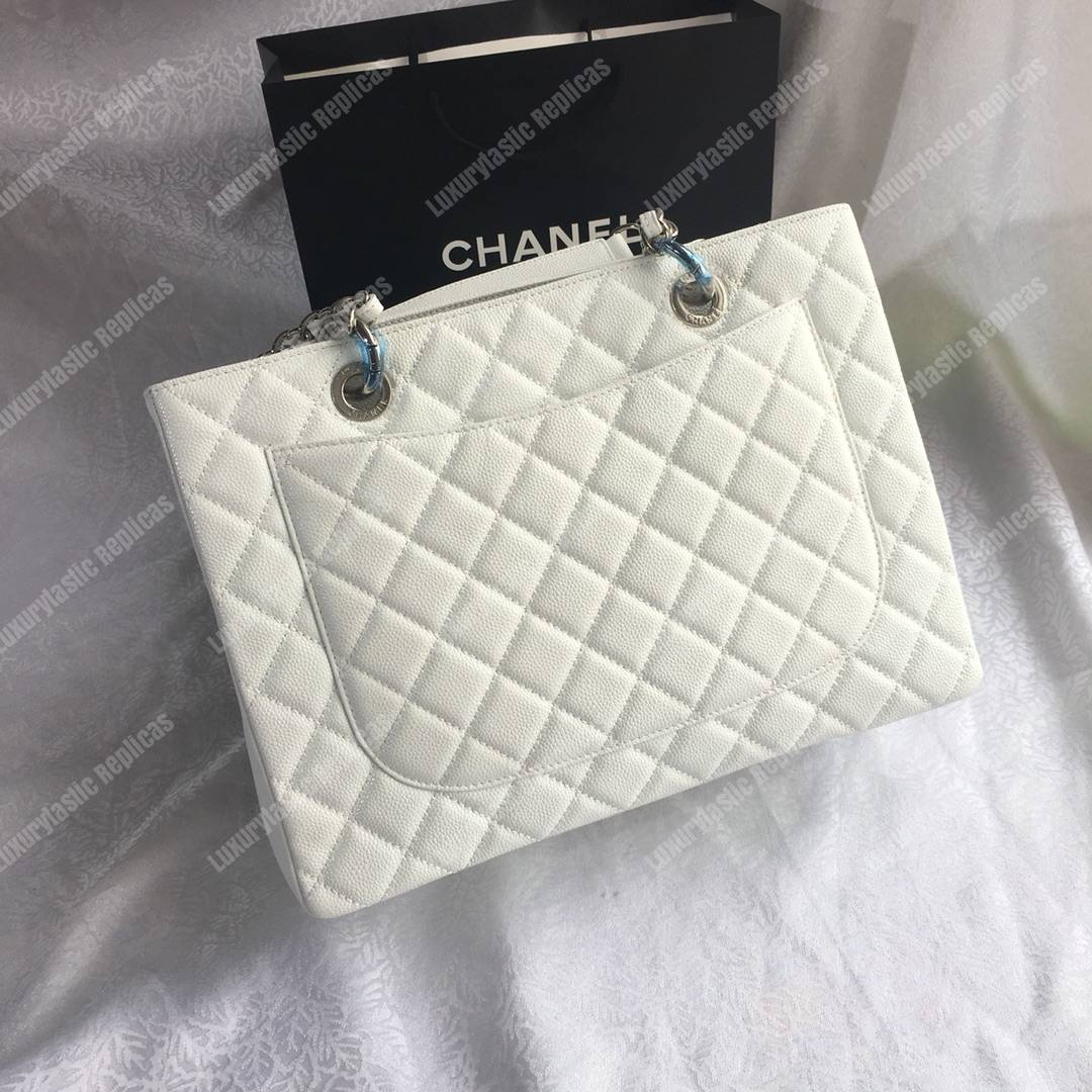 Ch*el large shopping tote silver tone white