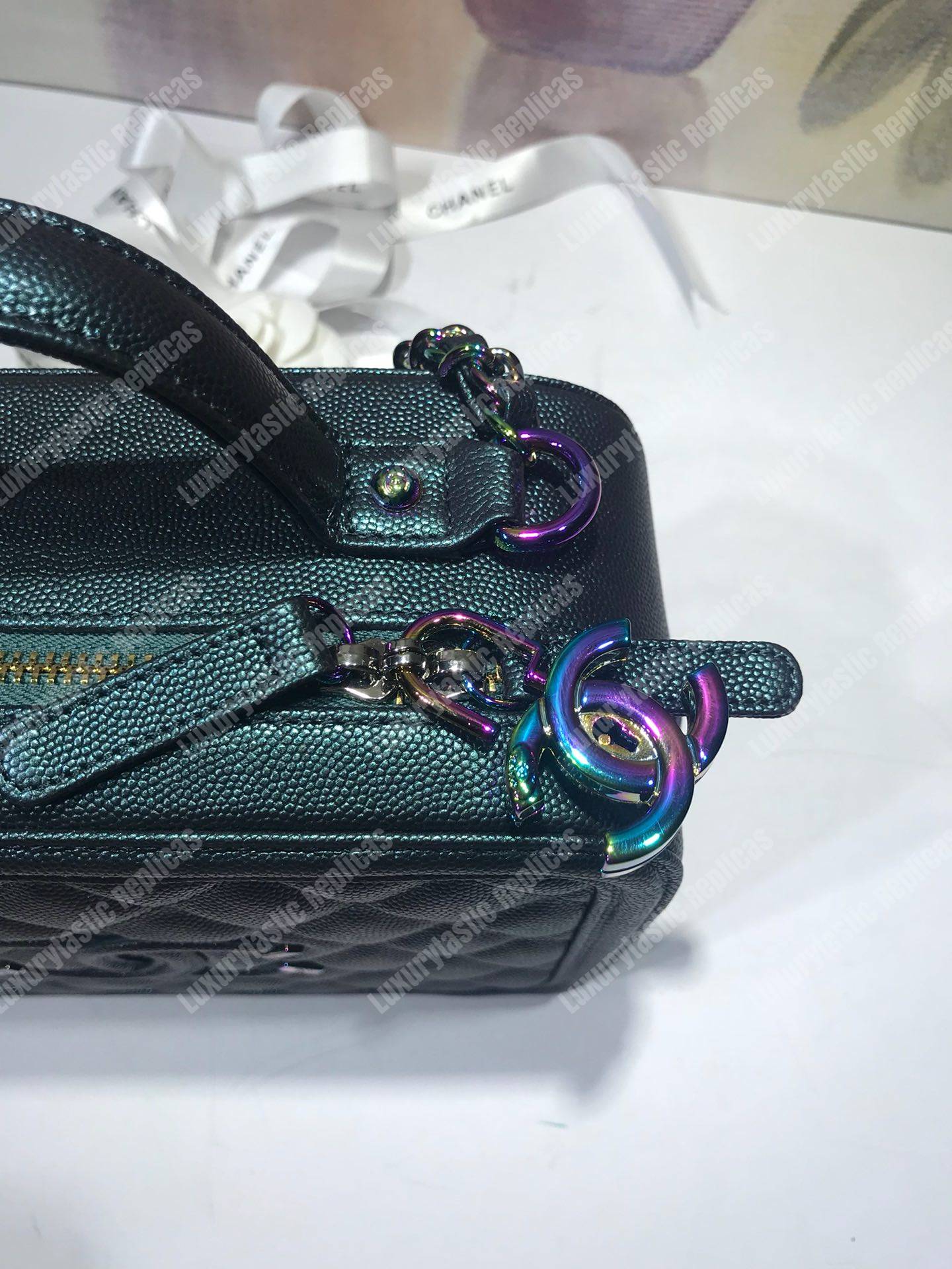 Ch*el iridescent rainbow medium filigree vanity case turquoise