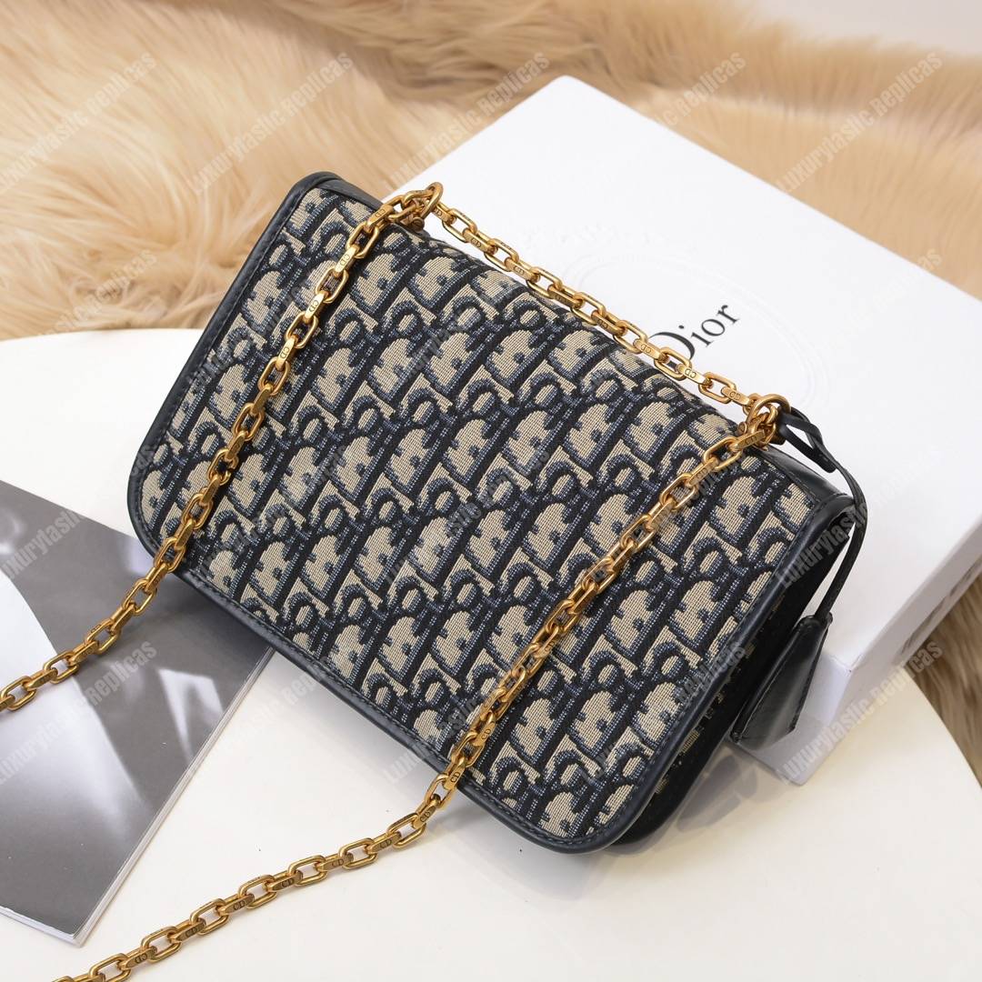 D*or addict flap bag blue oblique canvas with chain