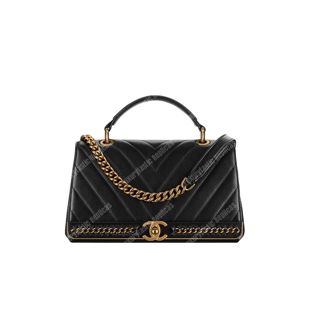 Ch*el chevron stitched chain top handle flap bag black
