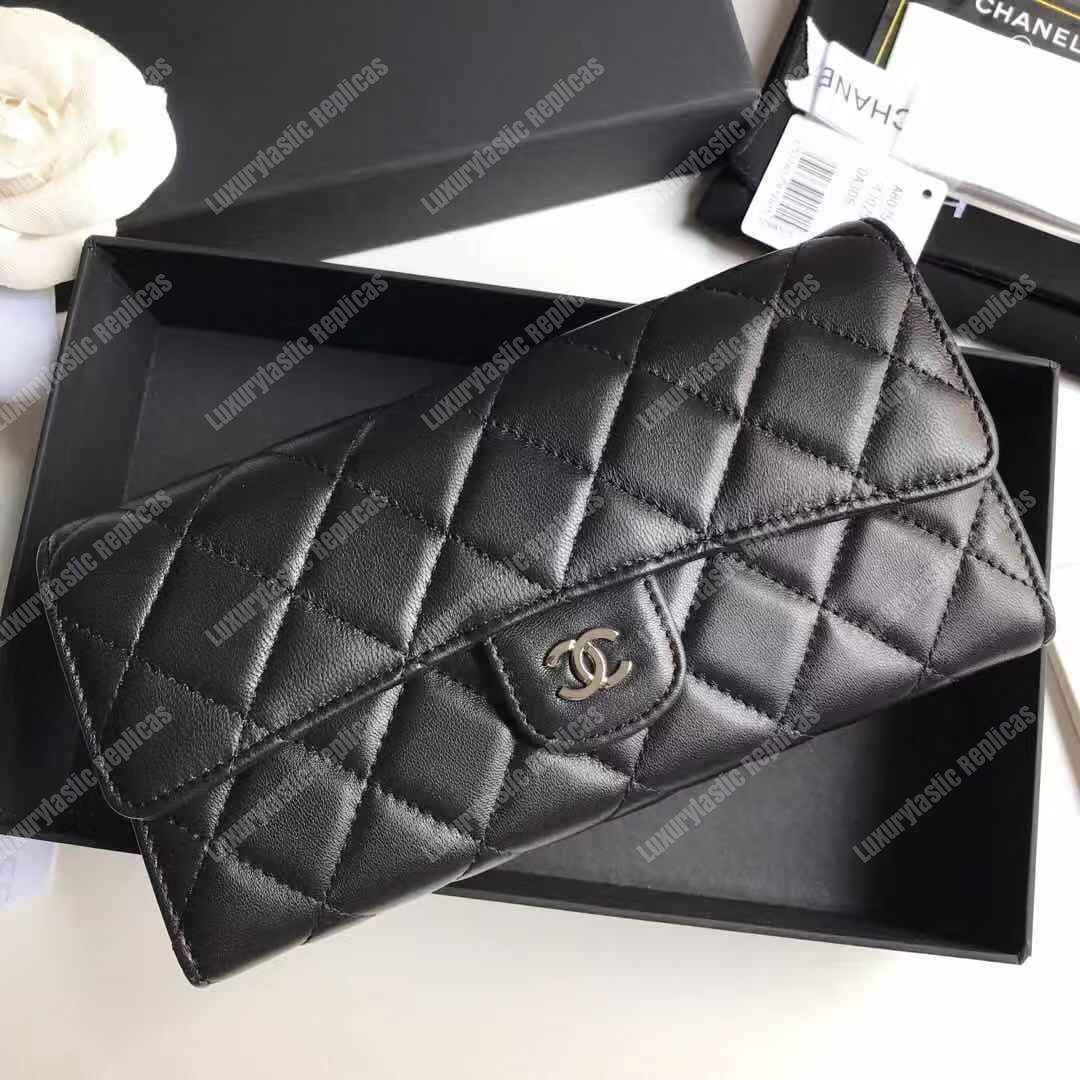 Ch*el classic long flap wallet lambskin black