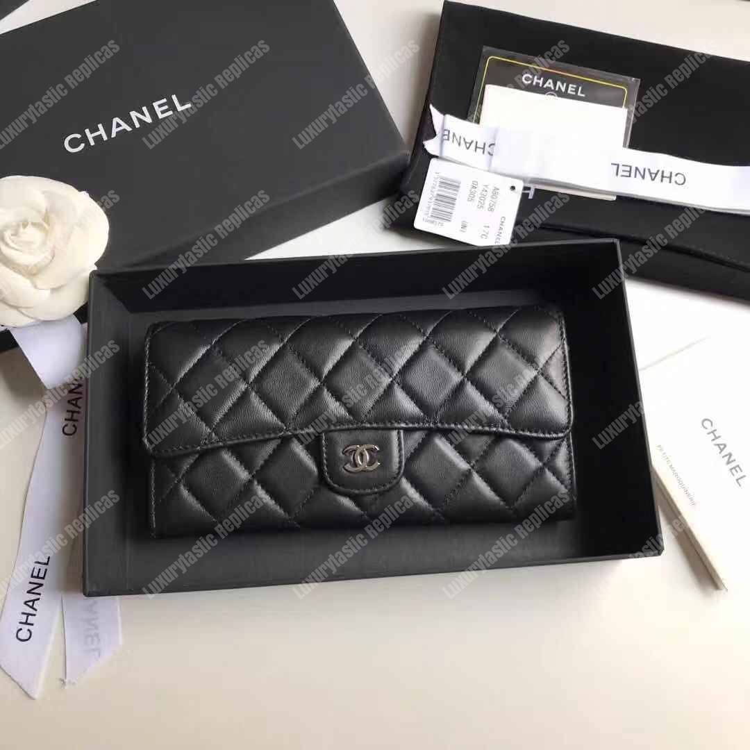 Ch*el classic long flap wallet lambskin black