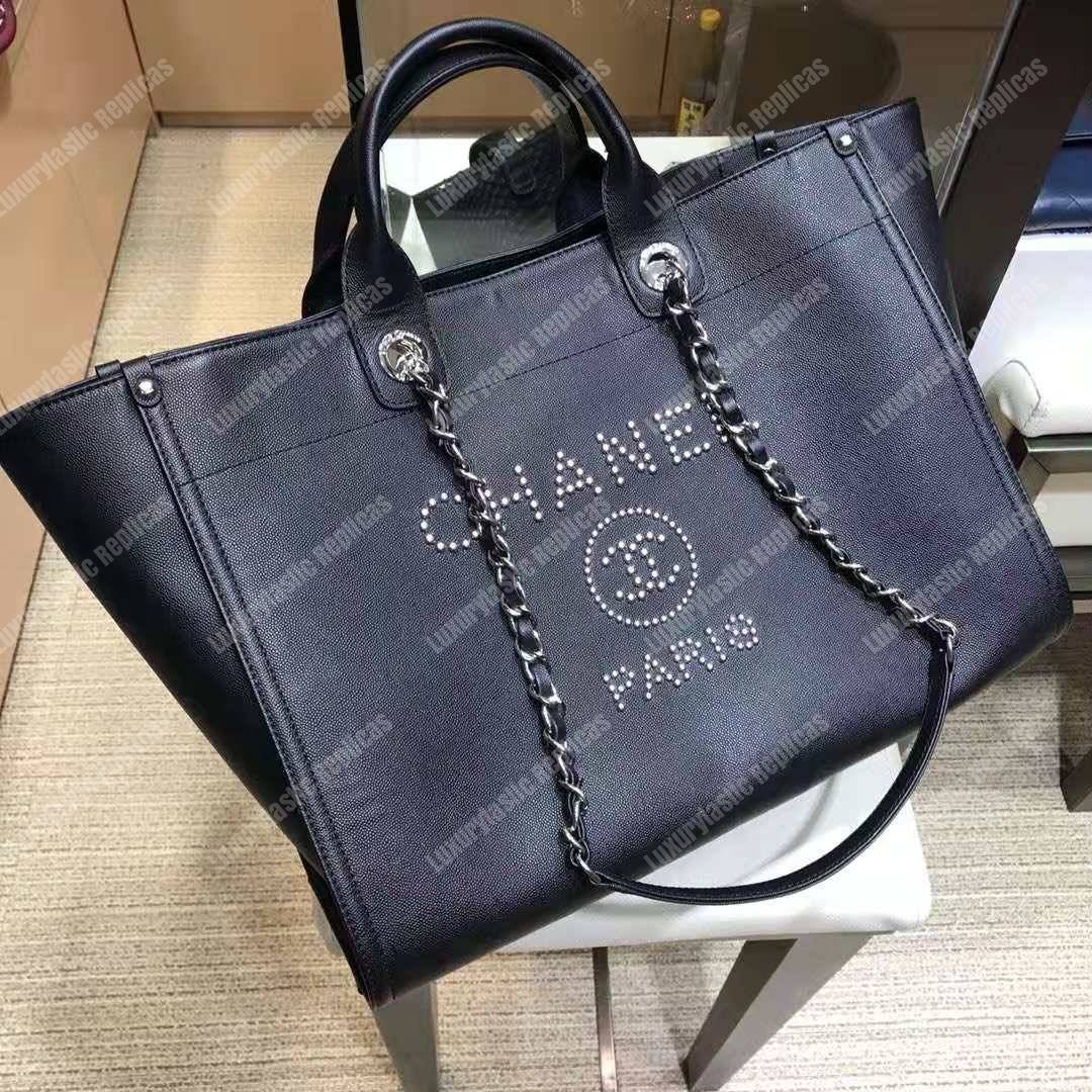 Ch*el studded calfskin small deauville tote bag silver-tone