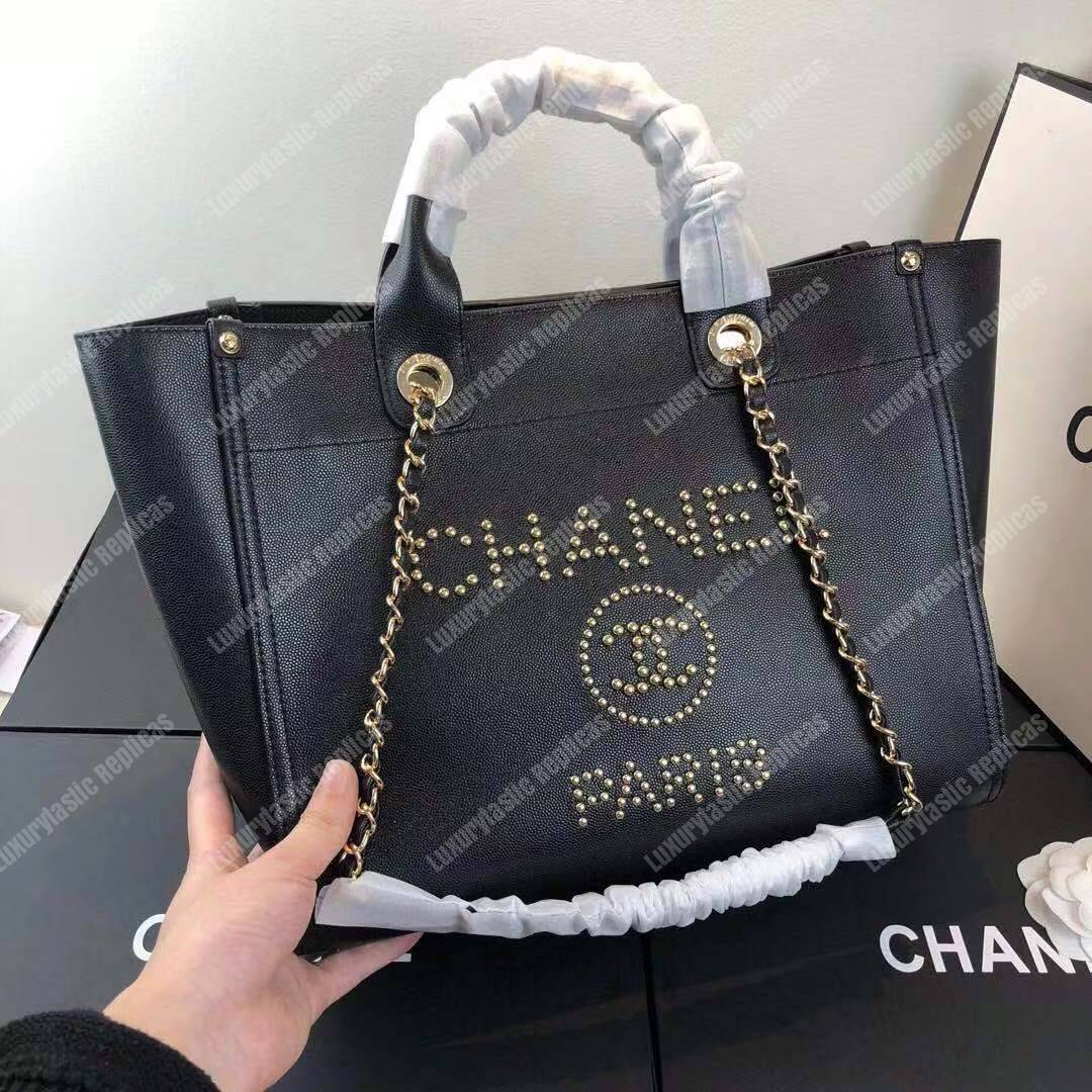 Ch*el studded calfskin small deauville tote bag gold-tone
