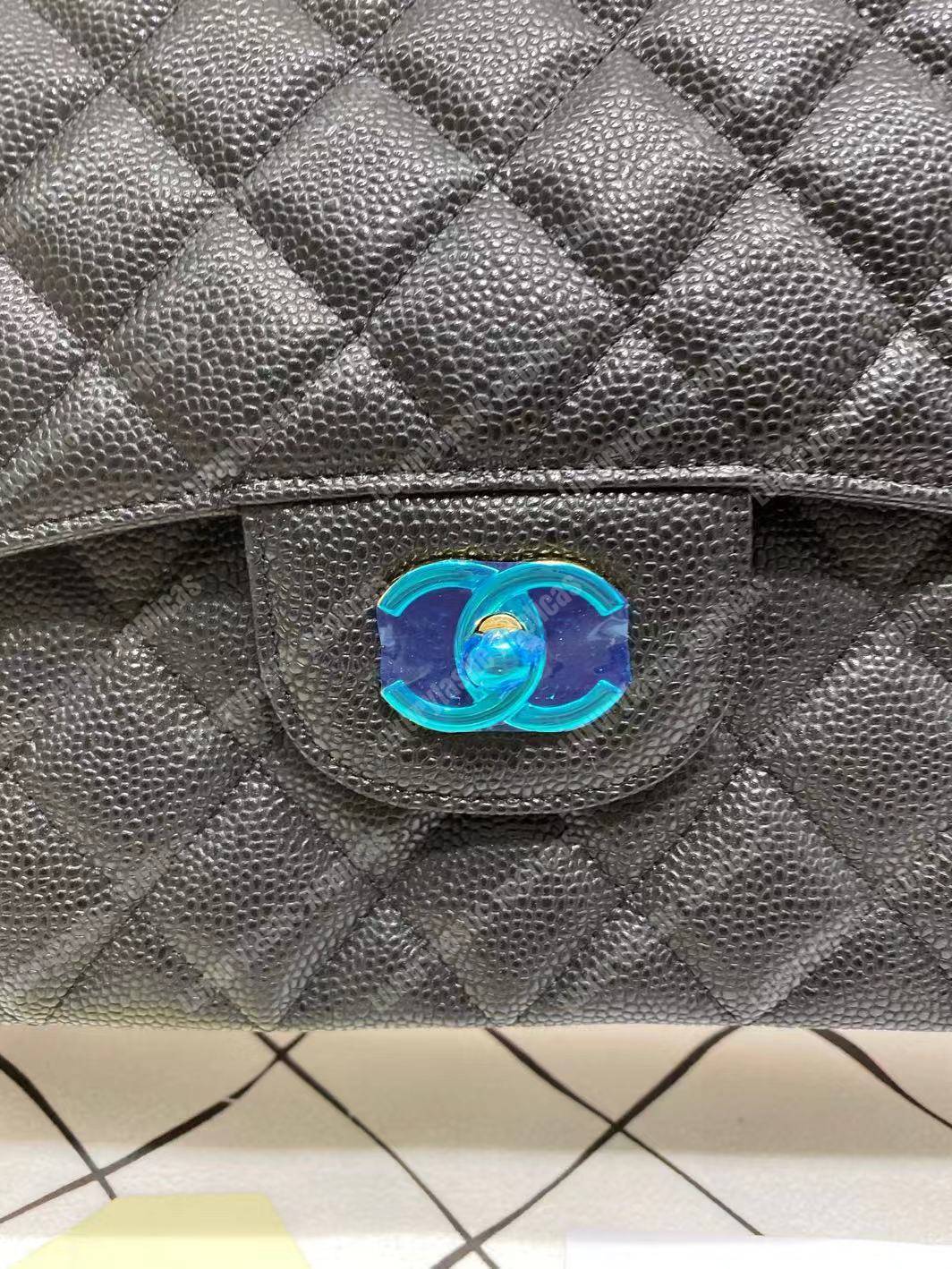 Ch*el classic maxi handbag black grained calfskin silver-toned
