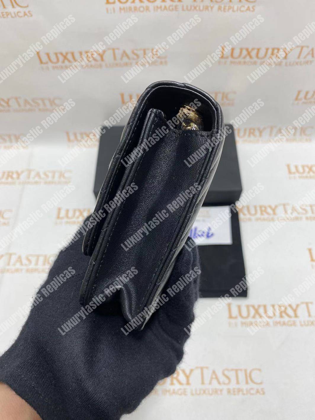 Ch*el wallet on chain – woc chevron lambskin gold-toned metal black