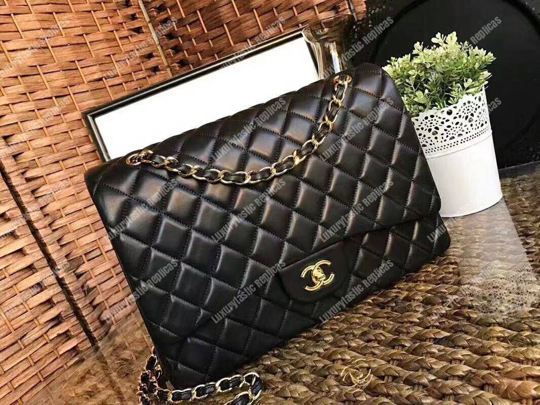 Ch*el classic flap maxi black lambskin-gold tone metal