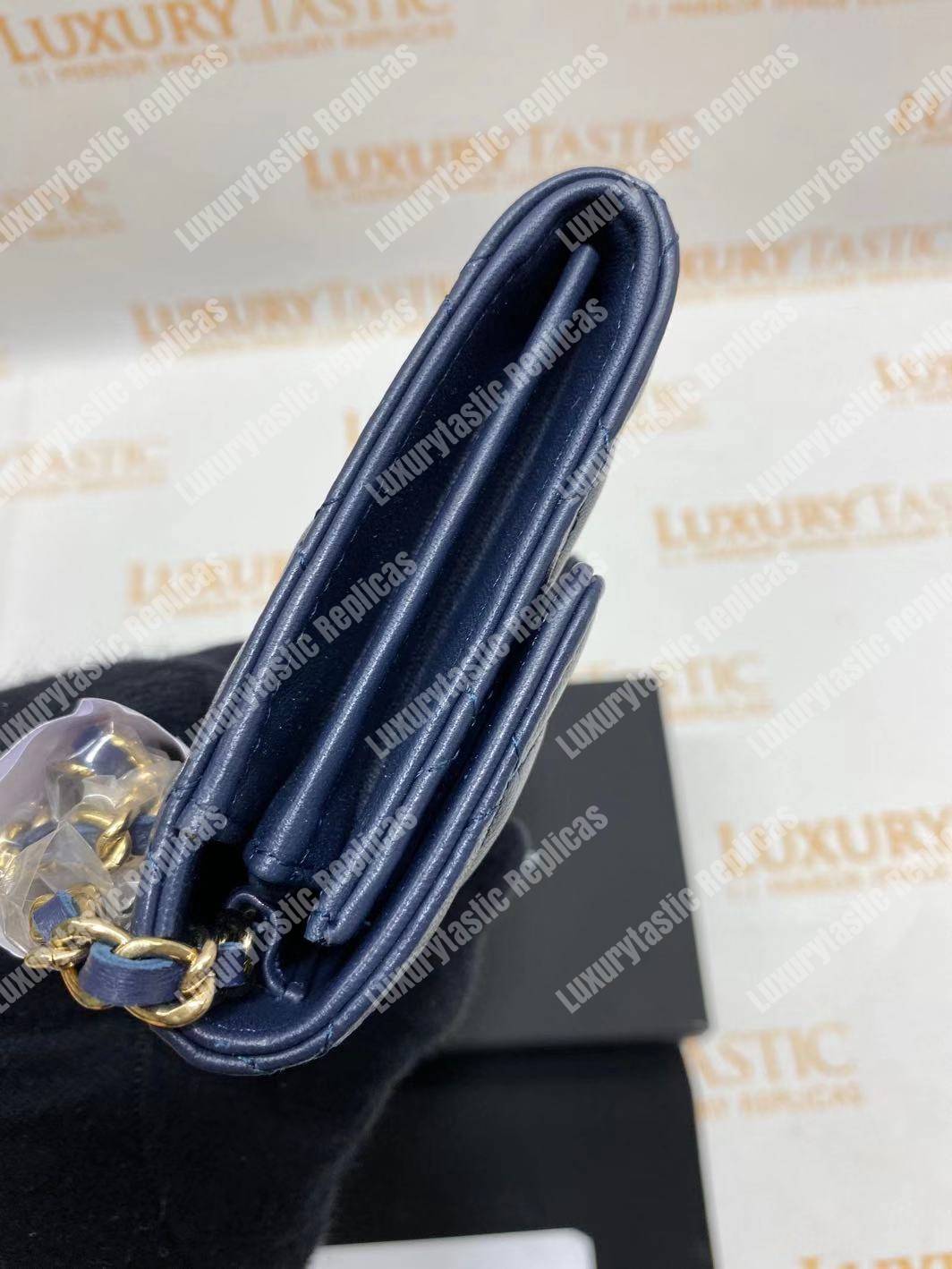 Ch*el classic clutch with chain – cwc lambskin blue silver-toned