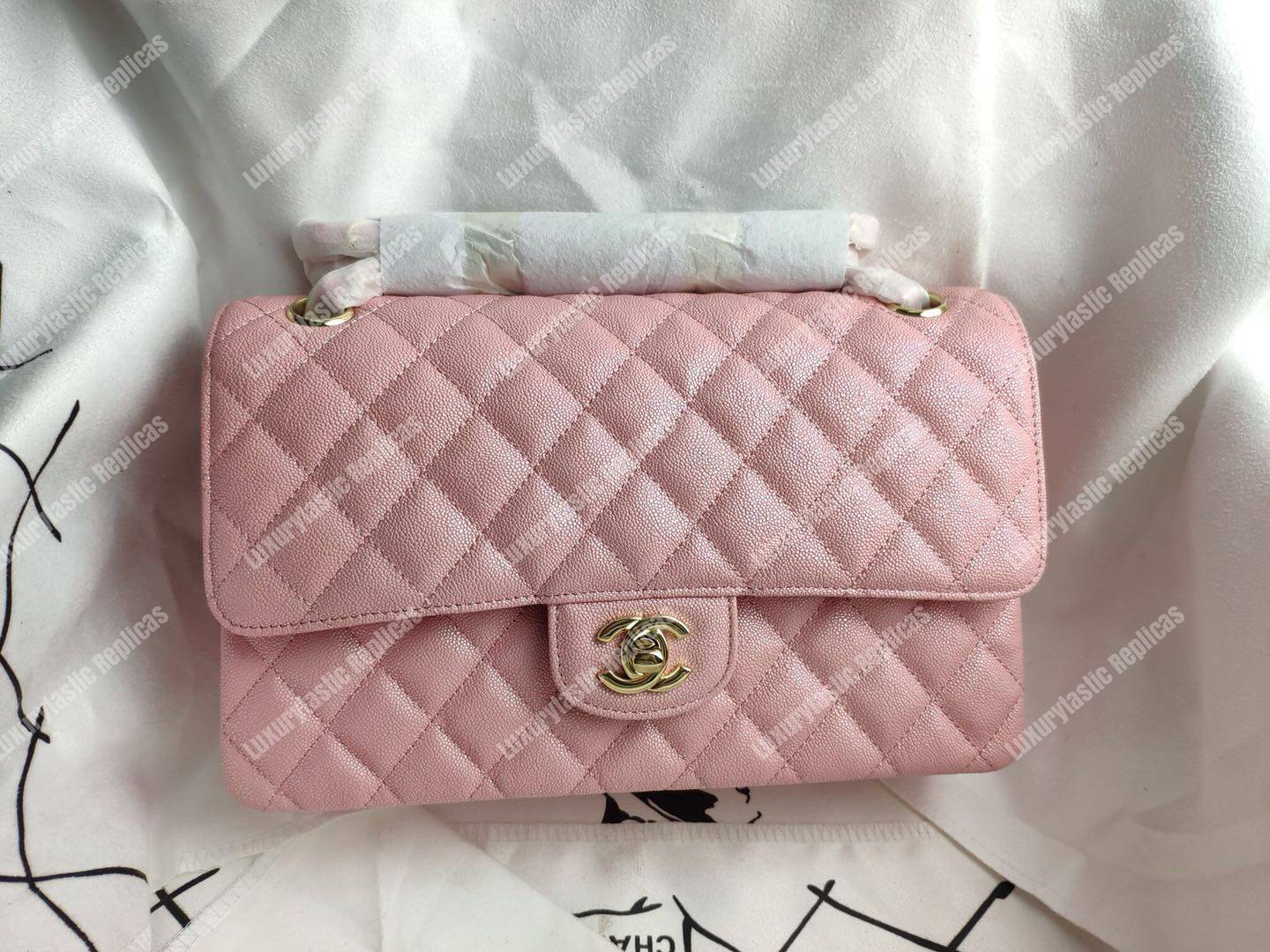 Ch*el caviar quilted small double flap bag pink gold-tone