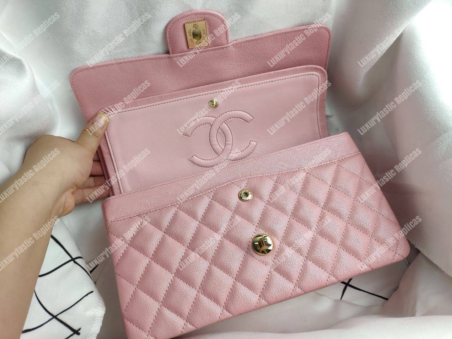 Ch*el caviar quilted small double flap bag pink gold-tone