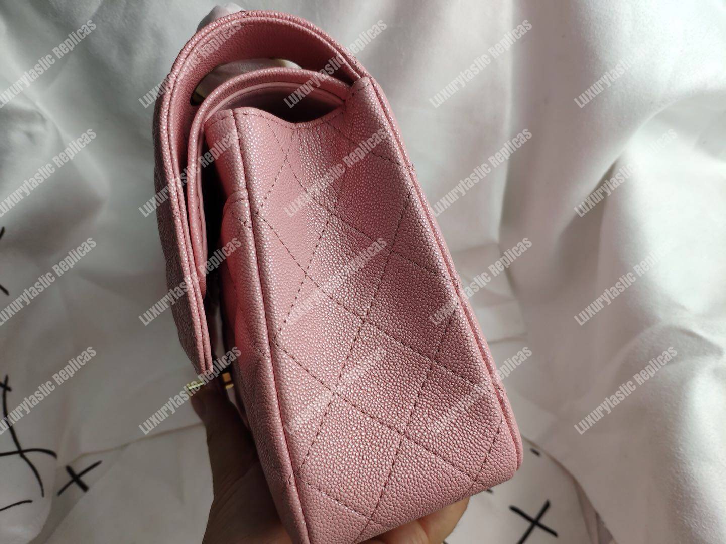 Ch*el caviar quilted small double flap bag pink gold-tone