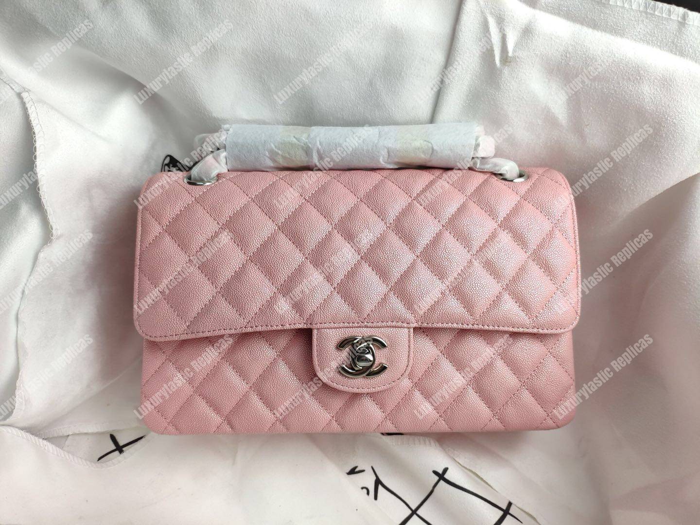 Ch*el caviar quilted medium double flap bag pink silver-tone