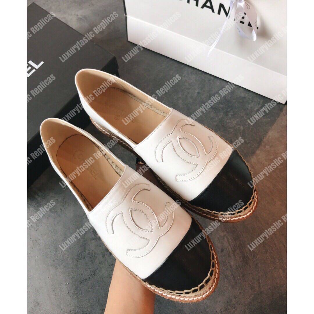 Ch*el lambskin white and black espadrilles
