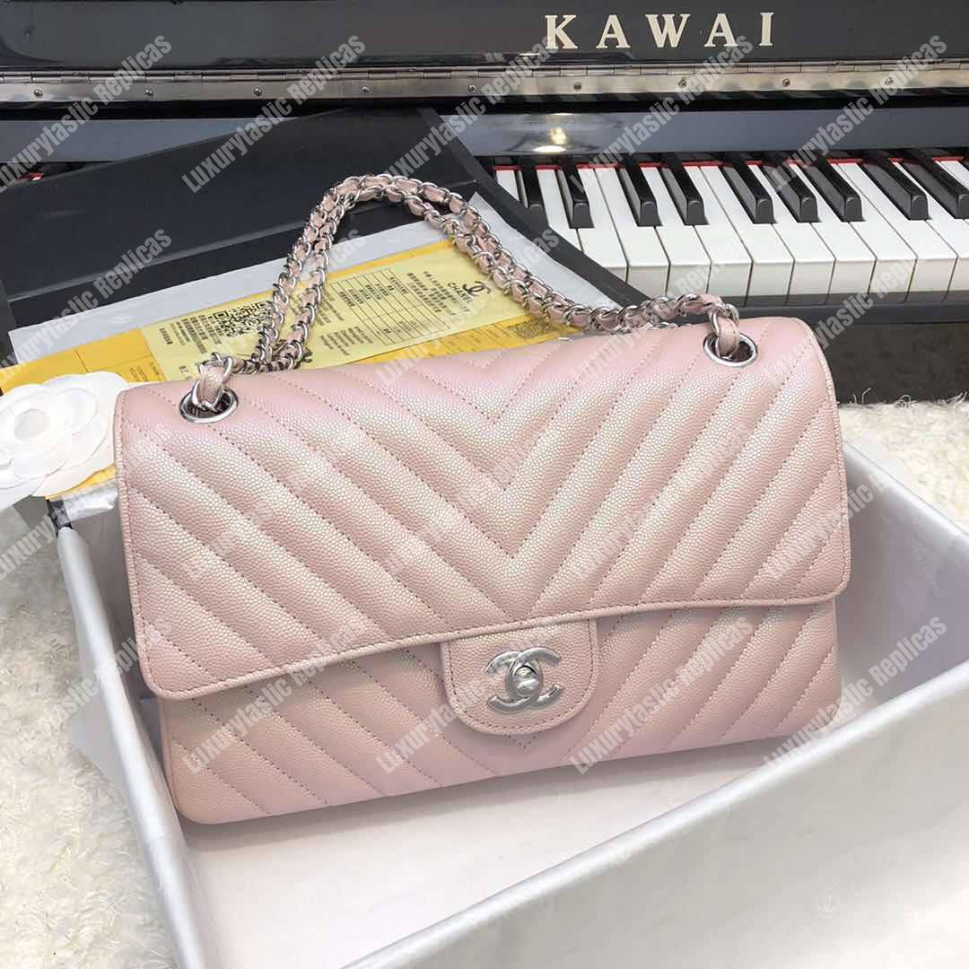 Ch*el rectangular flap chevron iridescent pink