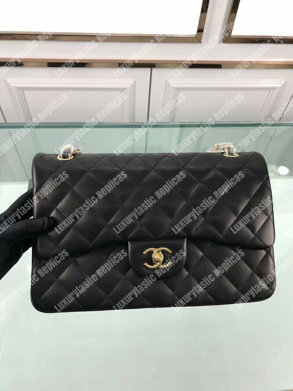 Ch*el classic jumbo double flap bag black gold hardware