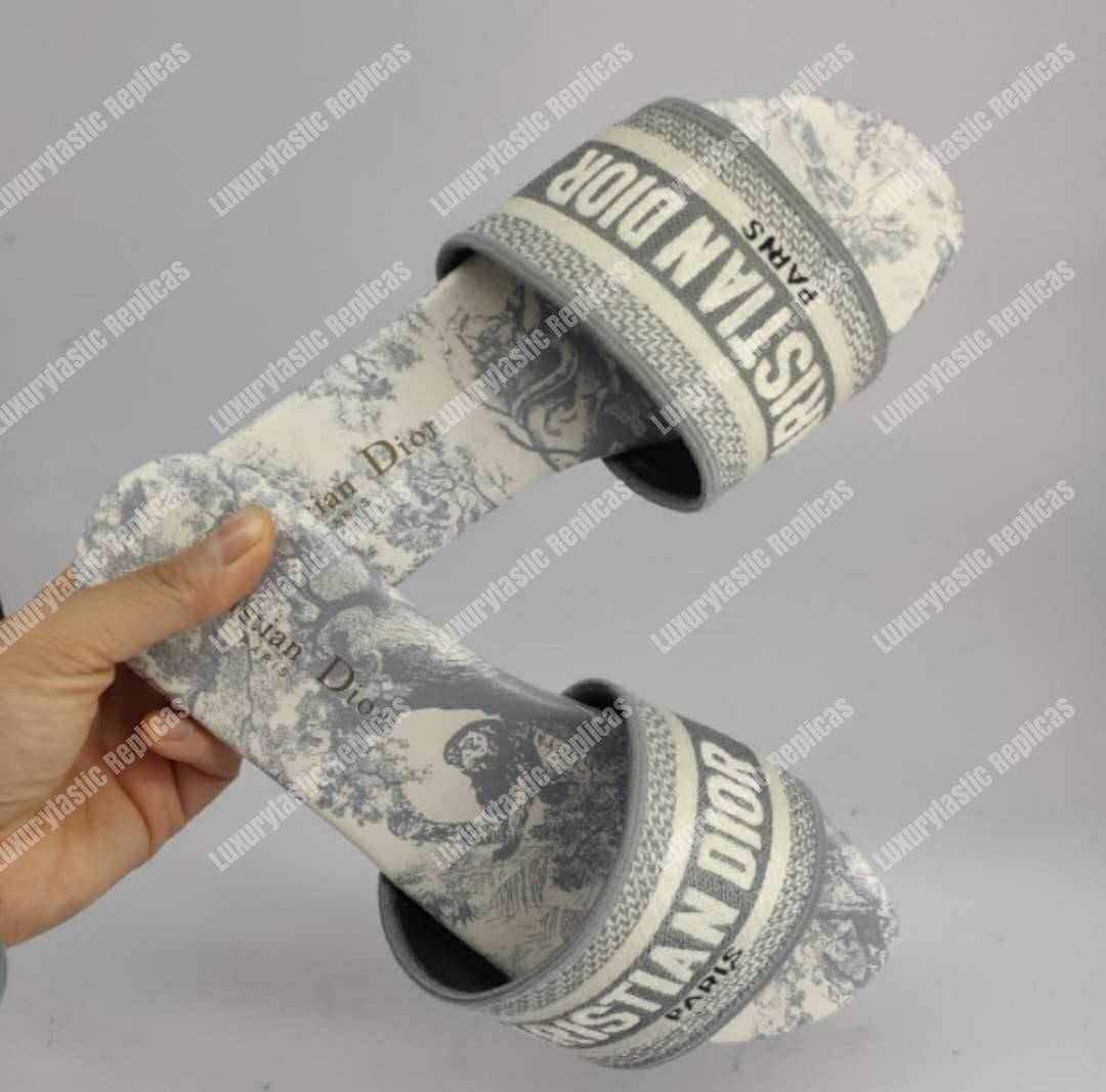 D*or gray and ecru dway toile de jouy embroidered cotton mule white