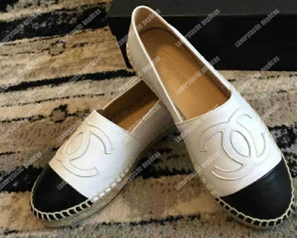 Ch*el lambskin white and black espadrilles