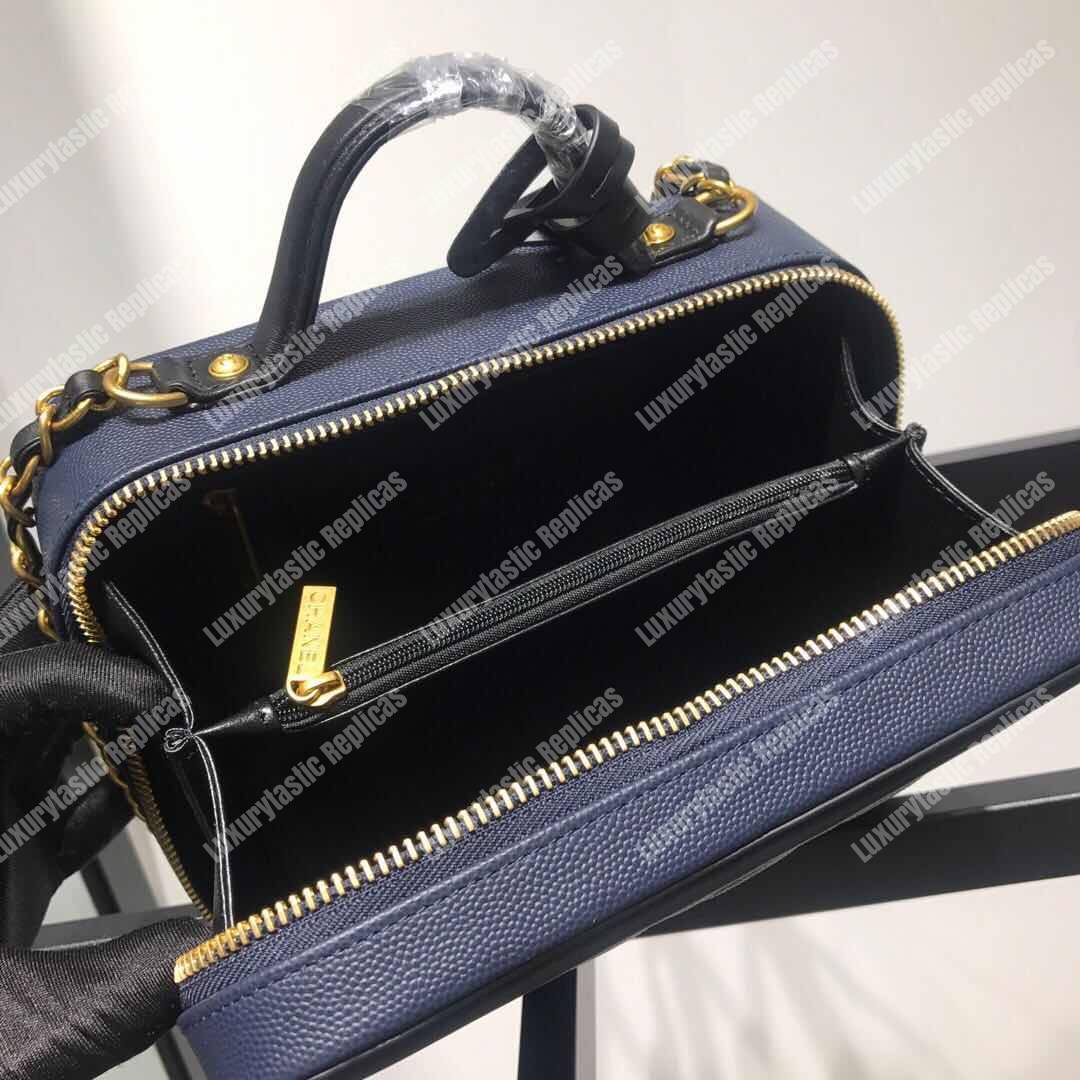 Ch*el filigree vanity case quilted medium navy blue