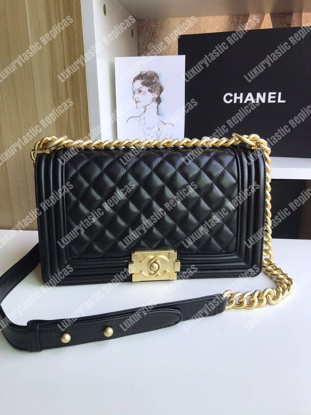 Ch*el boy medium handbag lambskin black